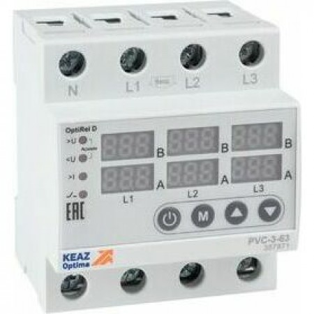 Реле напряжения OptiRel D PVC-3-63 с ЖК-дисплеем и контролем тока 3Ф 63 А Реле напряжения OptiRel D PVC-3-63 с ЖК-дисплеем и контролем тока 3Ф 63 А