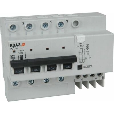 АВДТ с защитой от сверхтоков АД14-41C6-АC-УХЛ4 (4P, C6, 10mA) 4,5кА-КЭАЗ АВДТ с защитой от сверхтоков АД14-41C6-АC-УХЛ4 (4P, C6, 10mA) 4,5кА-КЭАЗ